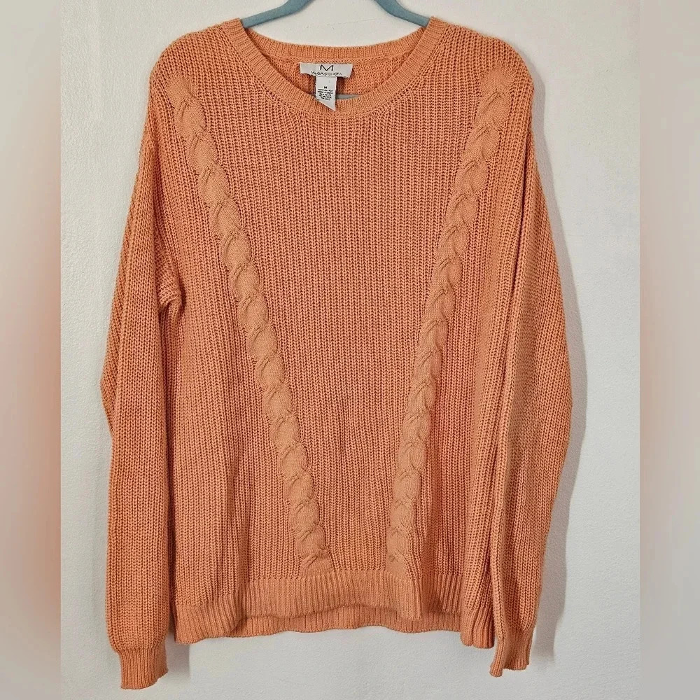 Magaschoni Womens M‎ Orange Cable Knit Cotton Crew Neck Long Sleeve Sweater